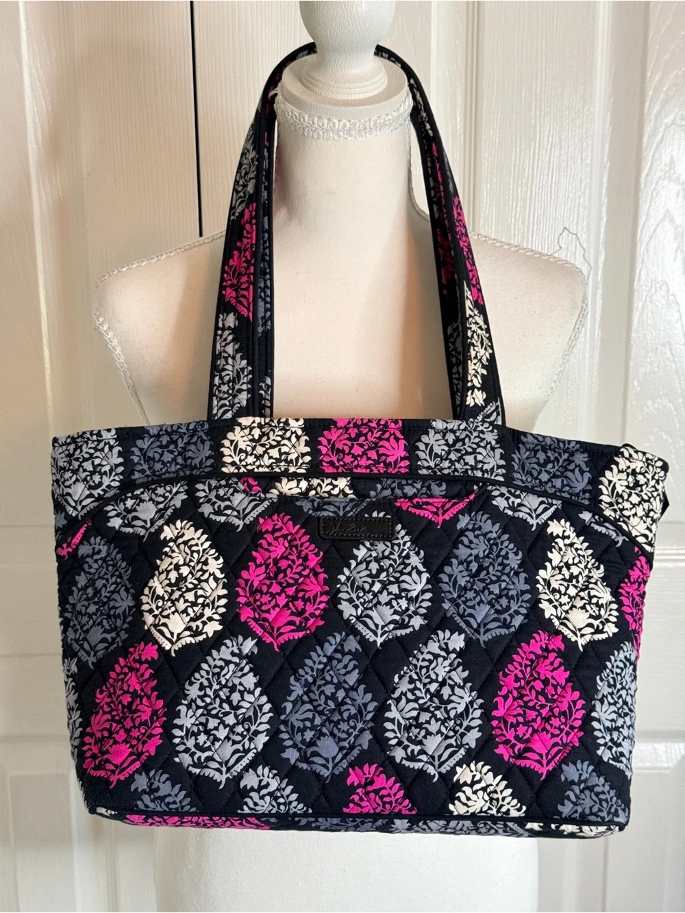 Vera Bradley Tote Shoulder Bag Northern Lights Black Pink Leaf Print Cotton